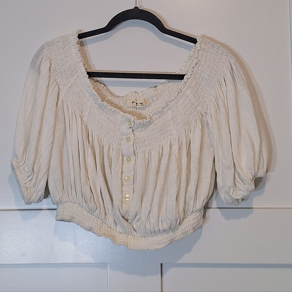 Free People We The Free Dancing Til Dawn Crop Top White Puff Sleeve Cotton Small